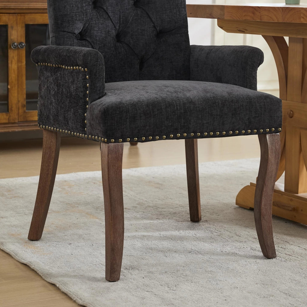 Sedia da pranzo, venduta singolarmente, tessuto chenille, gambe in legno massello, con braccioli, nero