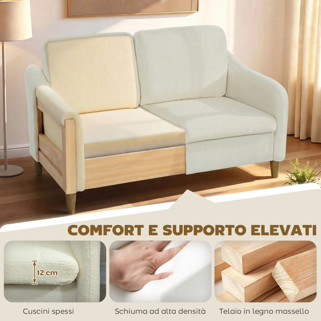 Divano 2 Posti Moderno con Cuscini Spessi e Rivestimento Sherpa, 137x69x82 cm, Crema