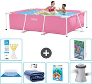 Piscina Rettilinea a Rete - 220 x 150 x 60 cm - Rosa - Inclusa Copertura - Telo Solare - Accessori - Pompaggio Piscina - 7 pezzi
