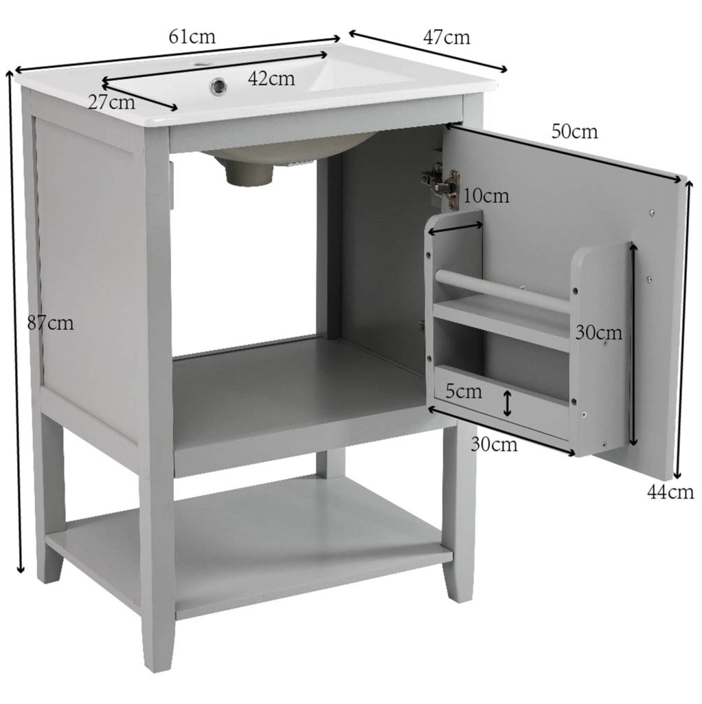 Mobile bagno con lavabo in ceramica; da terra; 61x47x87 cm; MDF grigio