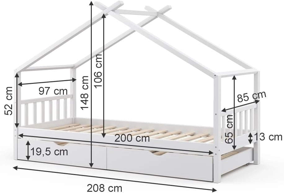 Letto da casa Design, Bianco, 90x200 cm con letto per ospiti e materasso, con sponda anticaduta e rete a doghe per un sonno sicuro