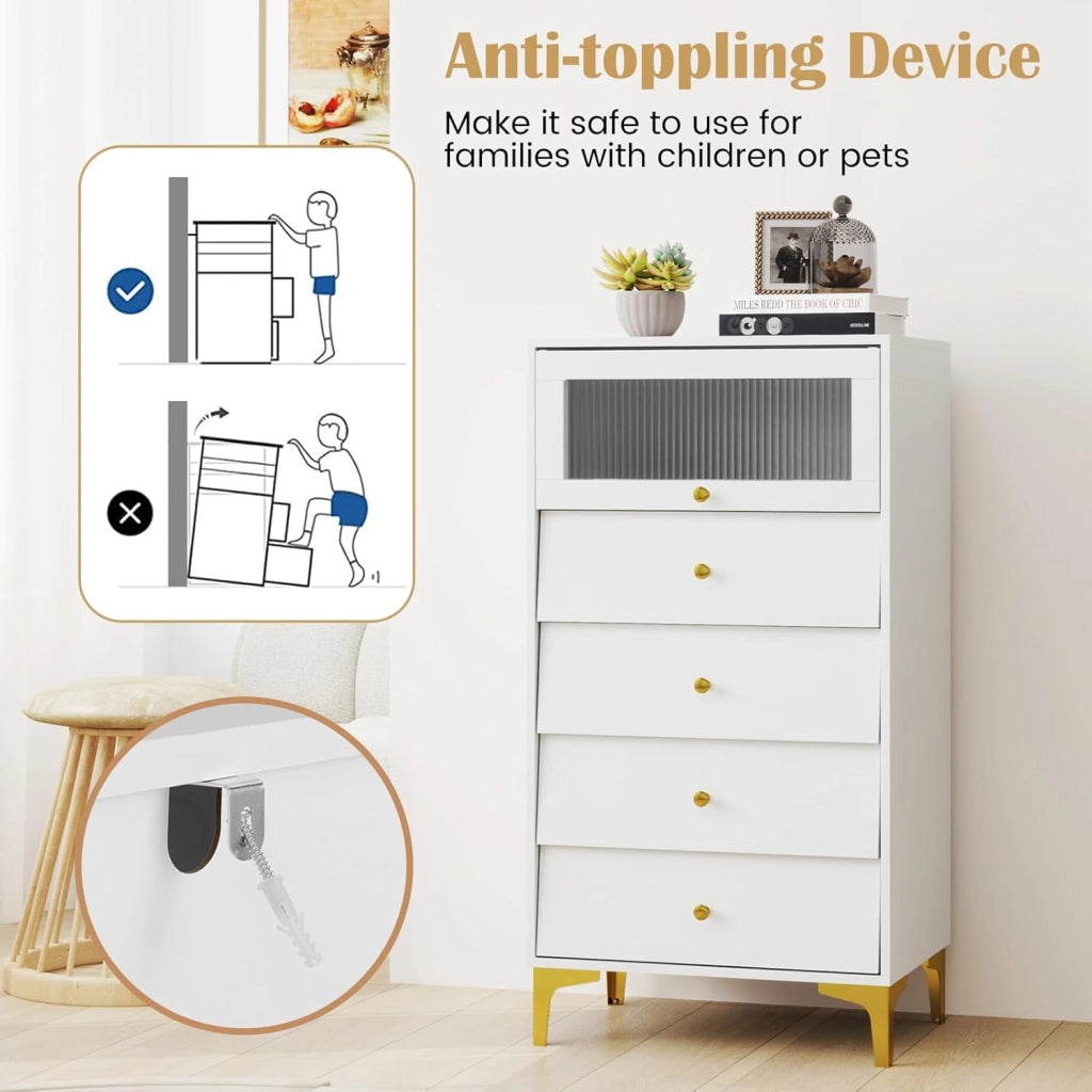 Cassettiera con 4 cassetti e porta in vetro apribile, credenza in legno con gambe in metallo, armadietto da pavimento autoportante con protezione antiribaltamento, moderno mobile da soggiorno