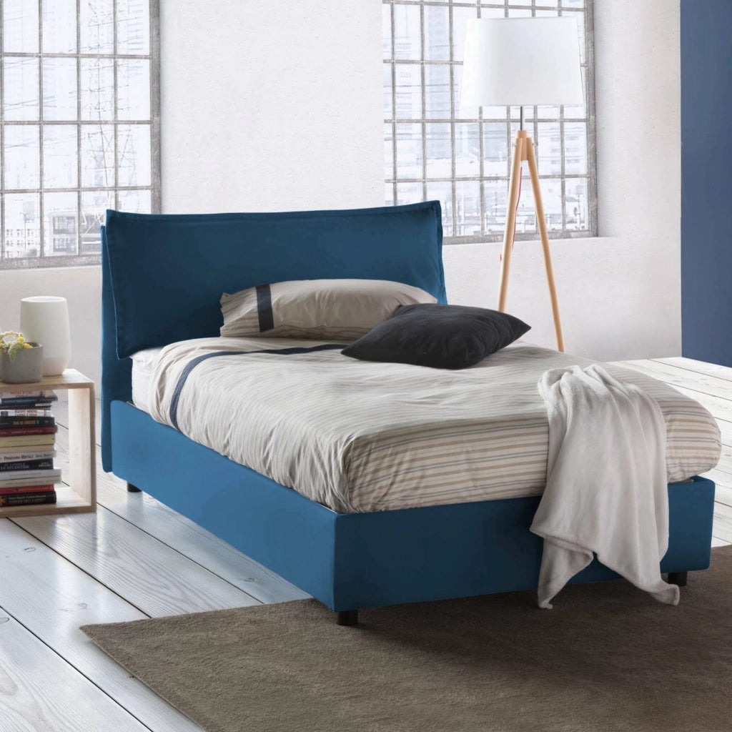 Letto piazza e mezza Asso, Letto contenitore con rivestimento in tessuto, Made in Italy, Apertura frontale, adatto per materasso cm 120x190, Blu
