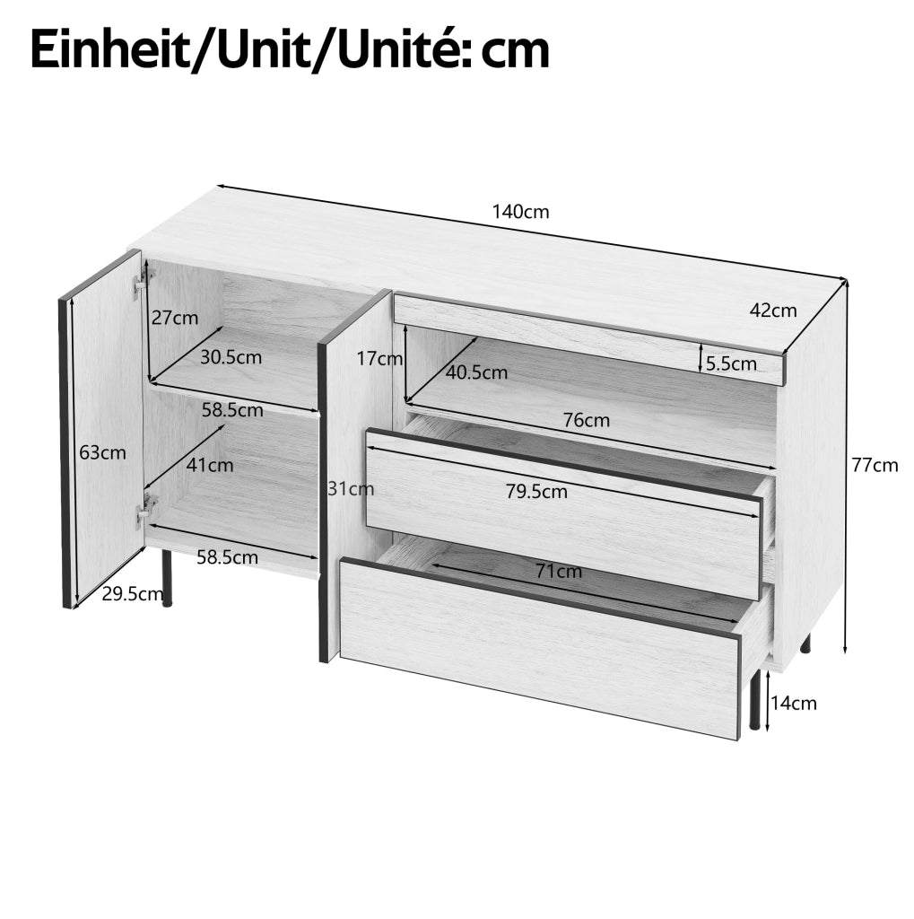 Sideboard bianco minimalista 140x42x77 cm con ripiani aperti