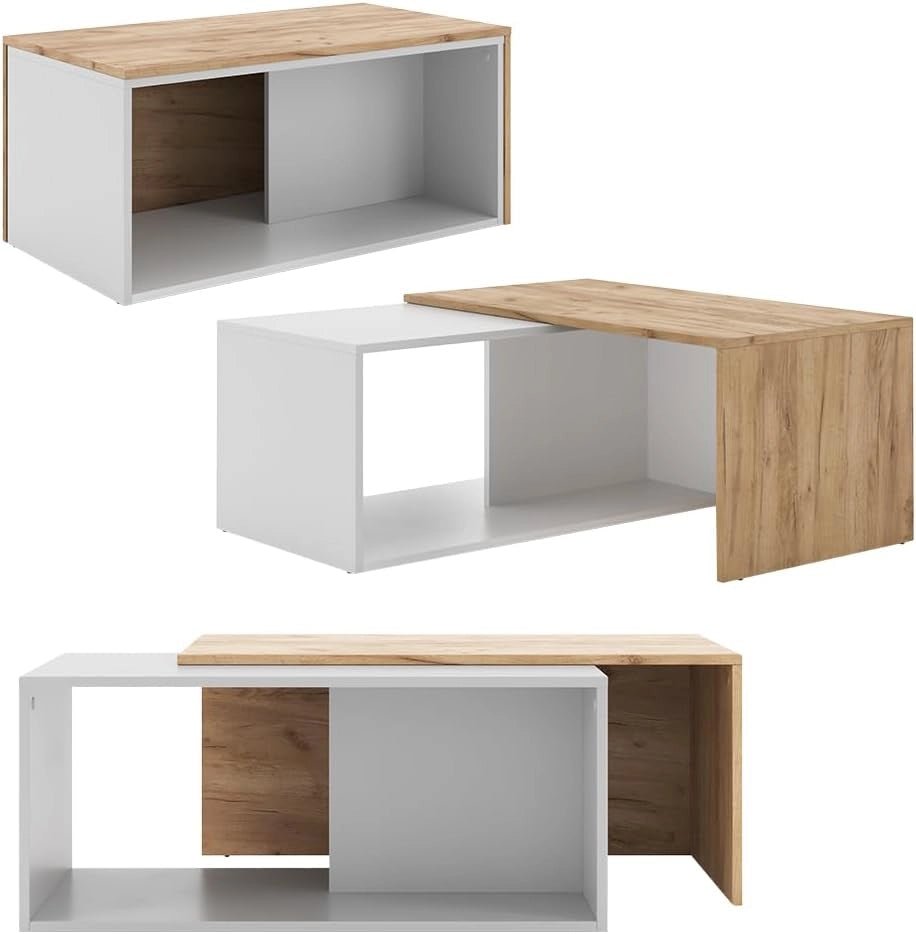 Tavolino da salotto Paul, Rovere bianco/dorato, 90 x 48 cm, con piano girevole e ripiano aggiuntivo