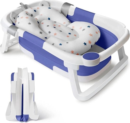 Culla Portatile per Bambini con Cuscino - Piastra Antiscivolo - Adatta per Neonati Bambini in Età Prescolare - Blu e Bianco