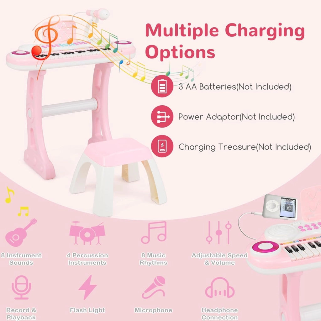 Pianoforte per Bambini con 37 Tasti, Pianola per Bambina con Effetti Luminosi e Microfono Regolabile, Tastiera Musicale Bambini con Sgabello, 8 Ritmi/Suoni per Bambini 3+ Anni (Rosa)
