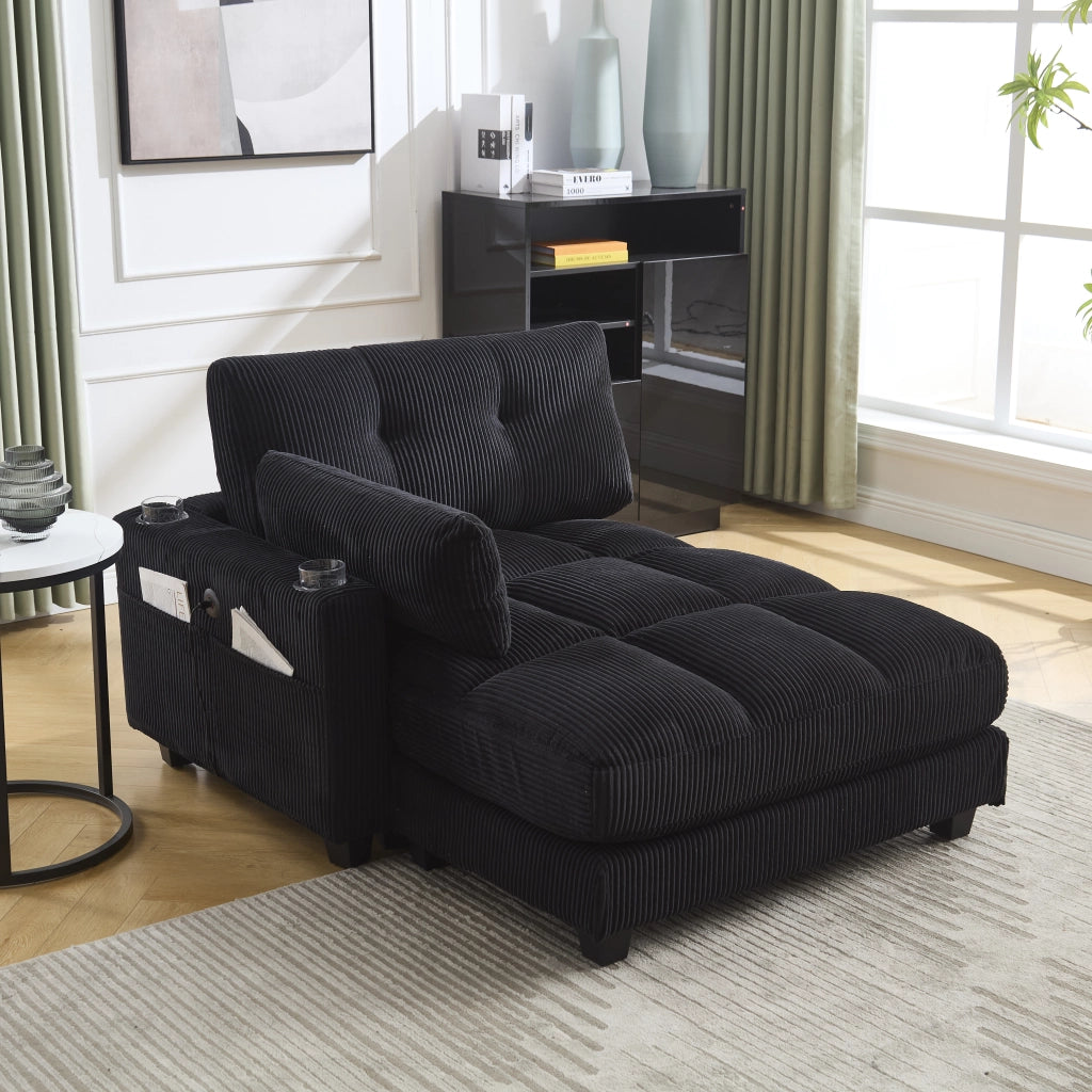 OKWISH Poltrona Relax con Porta USB, Portabicchieri, Tasca Laterale e Poggiatesta Regolabile, Velluto a Coste, Nero