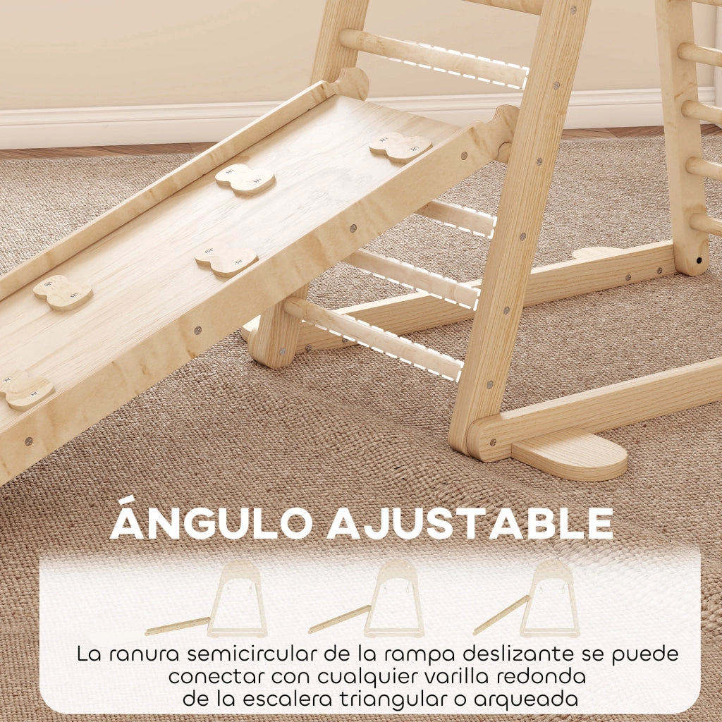 Triangolo di Arrampicata Montessori 6 in 1 ¨C Xylo ¨C Legno Naturale con Scivolo e Anelli