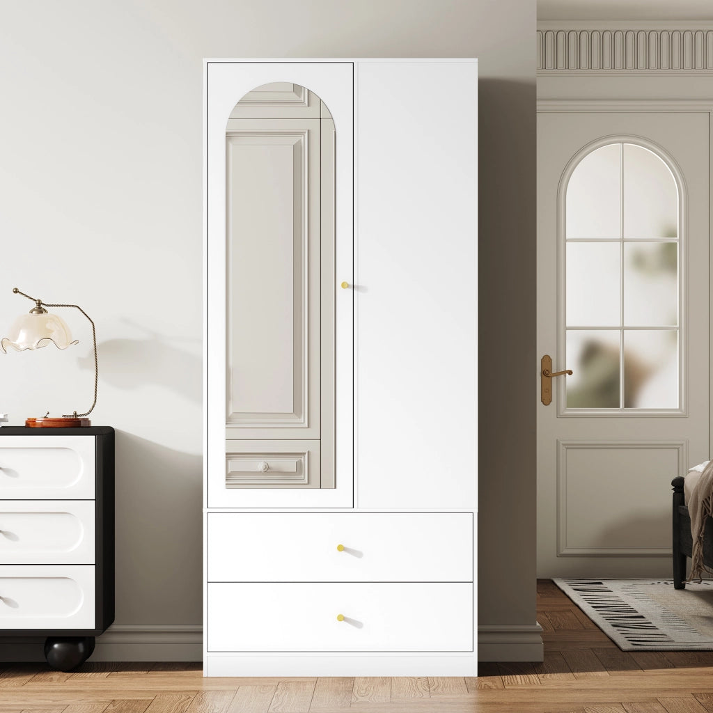 Armadio con specchio e 1 anta, 2 cassetti e 4 ripiani in MDF per camera da letto, bianco, 80 × 40 × 180 cm