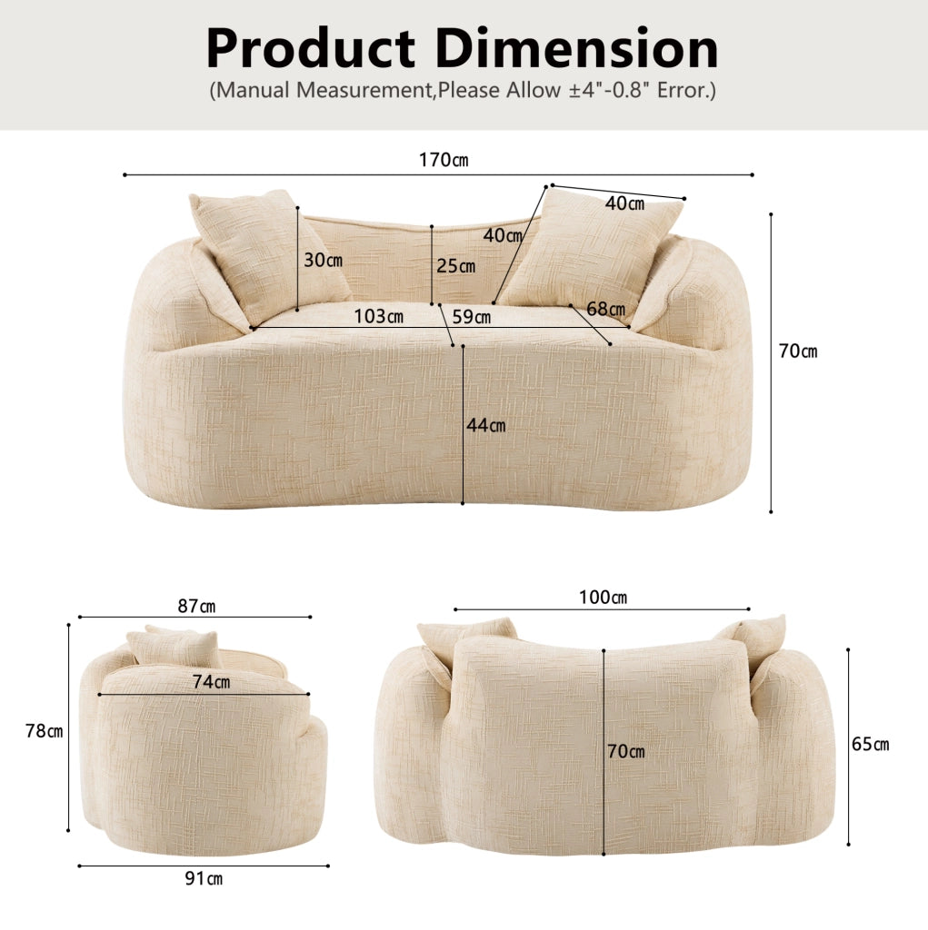 Divano curvo 2 posti con braccioli e 2 cuscini; beige