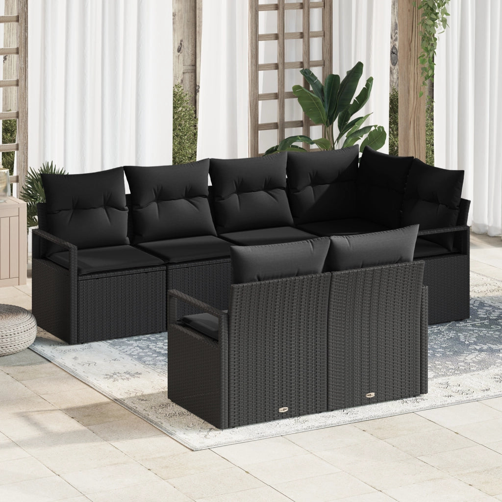 Set Divano da Giardino 7 Pezzi con Cuscini Nero Polyrattan