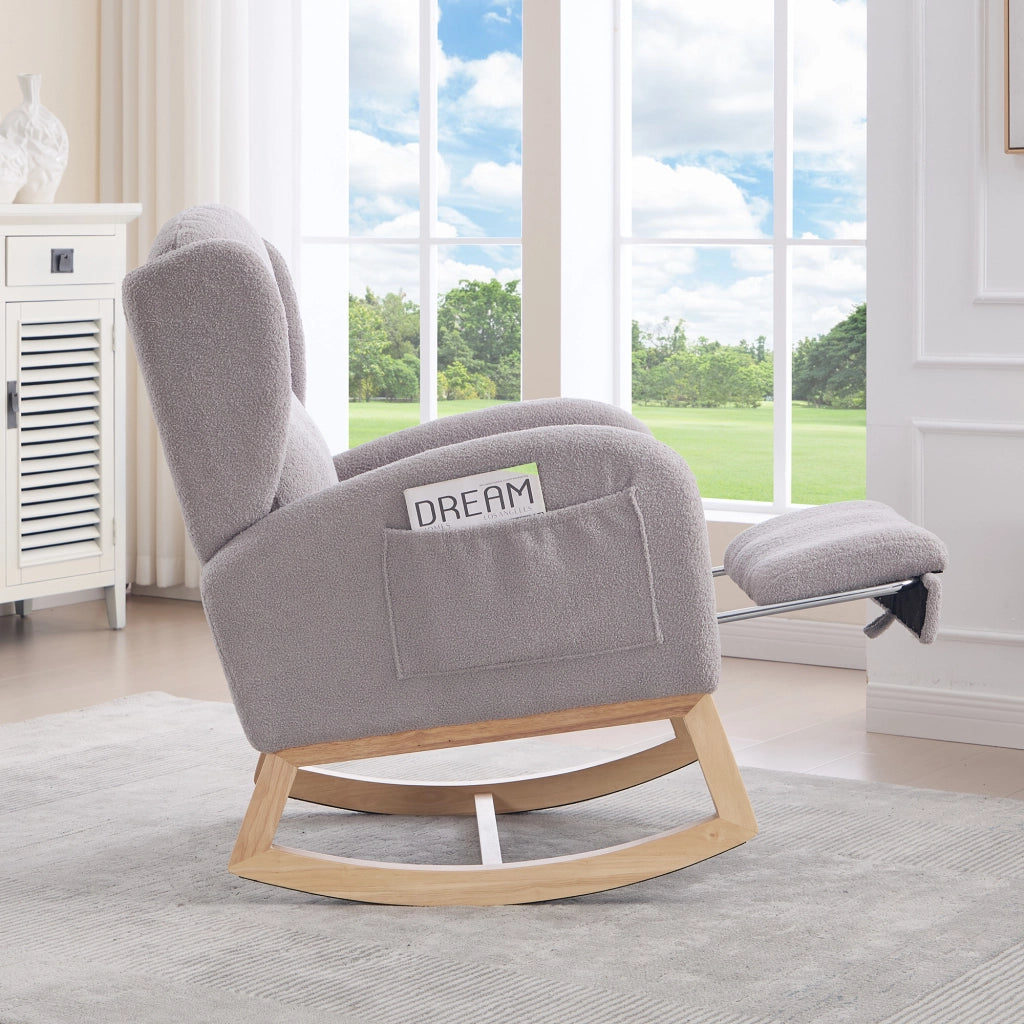 Poltrona a Dondolo con Poggiapiedi ¨C MINIMAL ¨C Tessuto Teddy, Schienale Alto, Grigio