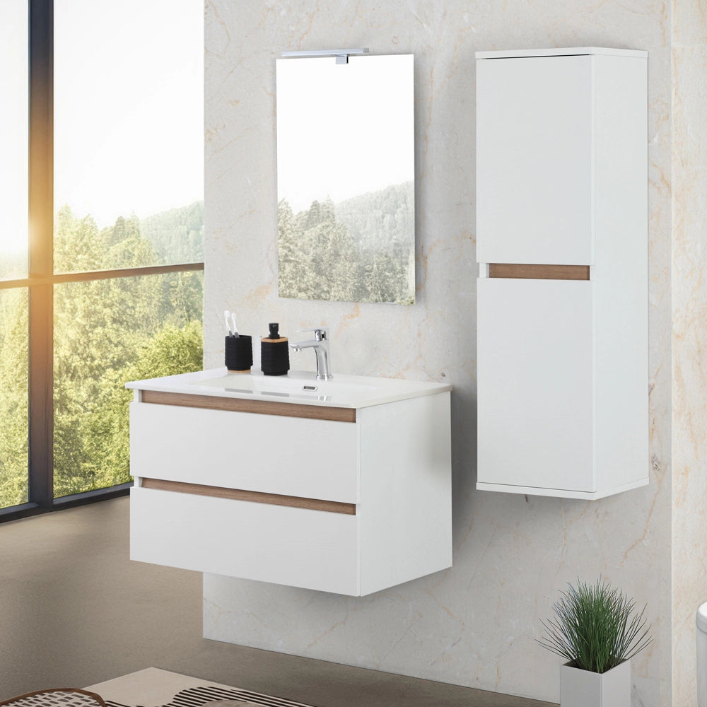 Mobile bagno sospeso 80 cm bianco e rovere con cassetti soft-close Kleo