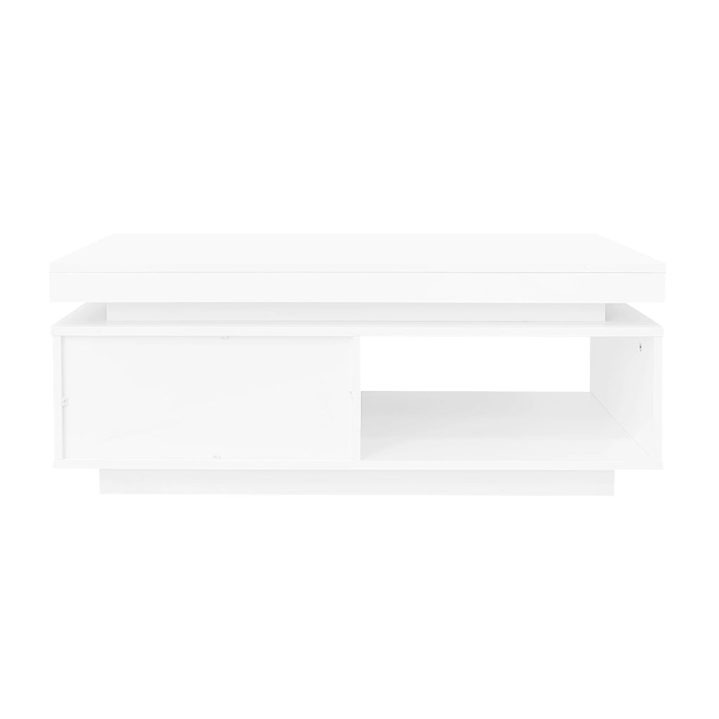 Tavolino da salotto 100x50x40;3 cm; lucido con LED e cassetto; truciolato bianco