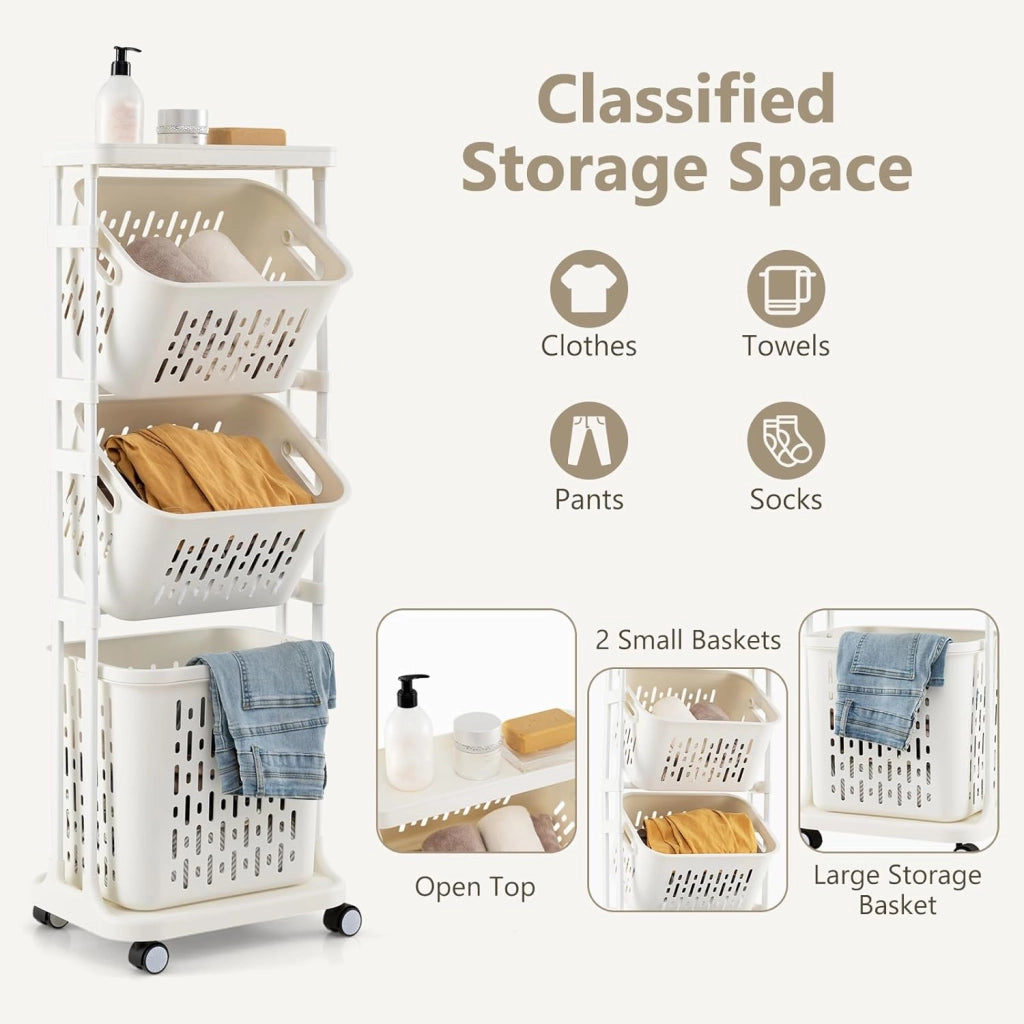Cesto Portabiancheria Stretto a 3 Scomparti con 4 Ruote e Mensola, 40 x 30 x 112 cm, Bianco, per Lavanderia e Bagno