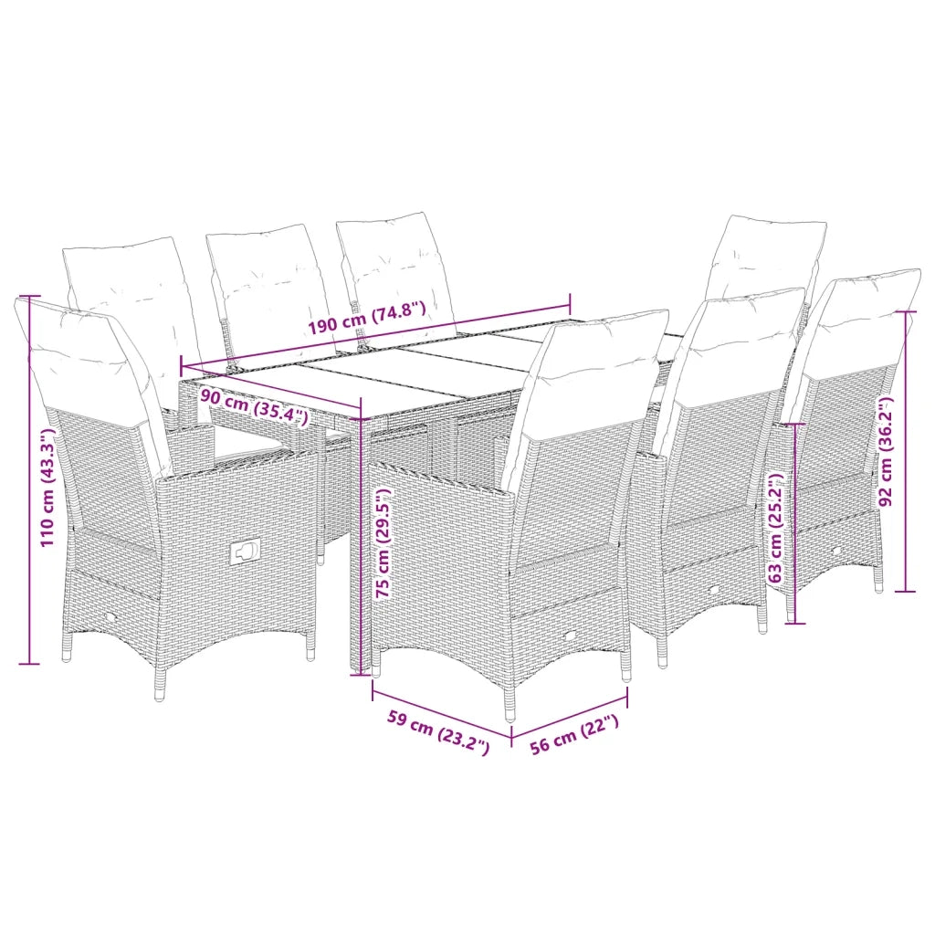 Set da Pranzo da Giardino 9pz con Cuscini Marrone in Polyrattan 3276774