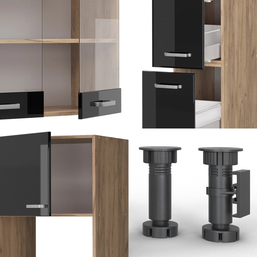 Vicco Cucina componibile Nero lucido 350 cm con armadio alto, PL Rovere