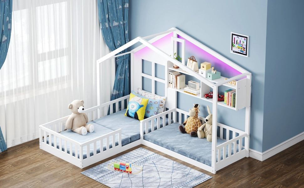 Letto per bambini a forma di casetta 90x200 cm con LED, scaffali e spondine di sicurezza, bianco
