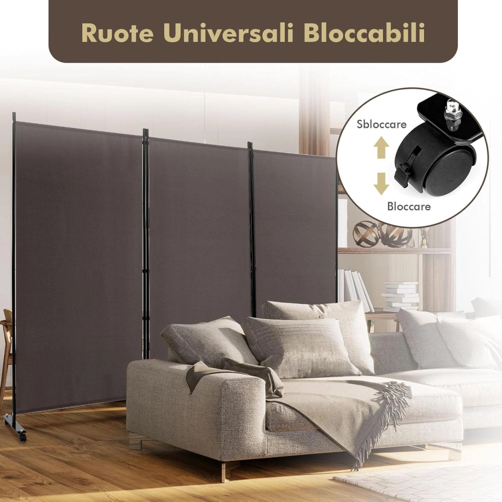 Paravento da Interno in Metallo, Separé Divisorio Interno Pieghevole con Piedini Stabili, Pannelli Divisori per Interni per Casa e Ufficio (Marrone, 262 x 180 cm (3 Pannelli con ruote))