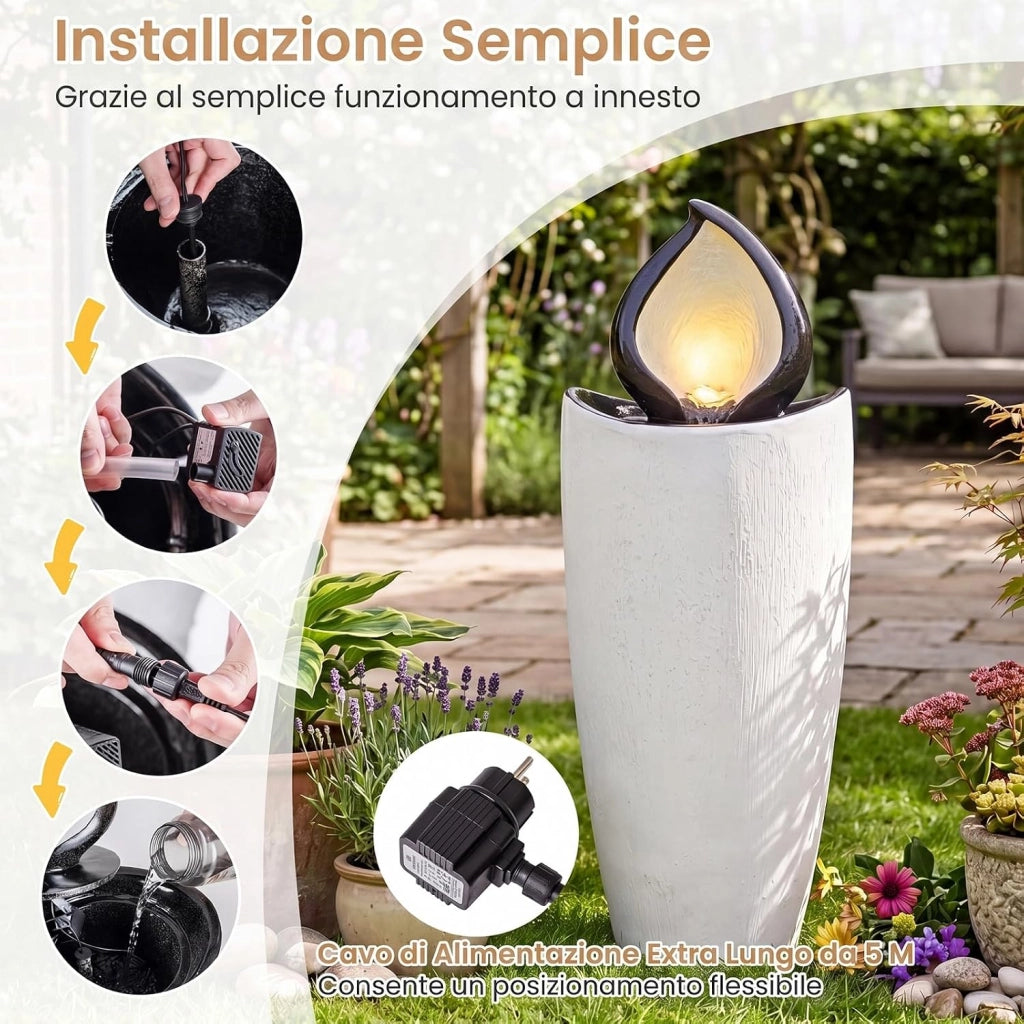 Fontana da Giardino con Luci, Fontanella Decorativa con Pompa e 4 Luci LED, Effetto Pietra, Sistema di Acqua Circolante da Esterno, Fontana Resistente in Resina per Cortile e Terrazzo