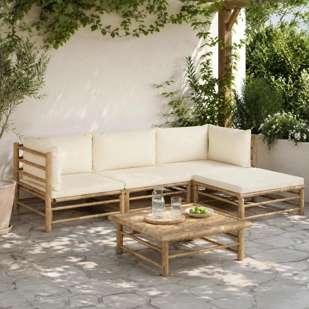 5-piece Garden Lounge Set With Cream-white Bamboo Cushions