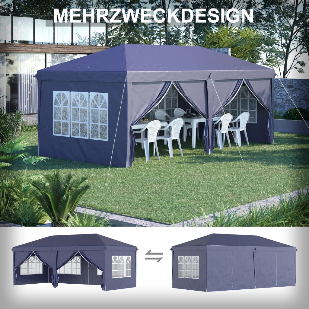 Gazebo 5.85x2.95m con protezione UV pareti laterali e finestre porte a cerniera solida acciaio robusto blu per giardini ed eventi