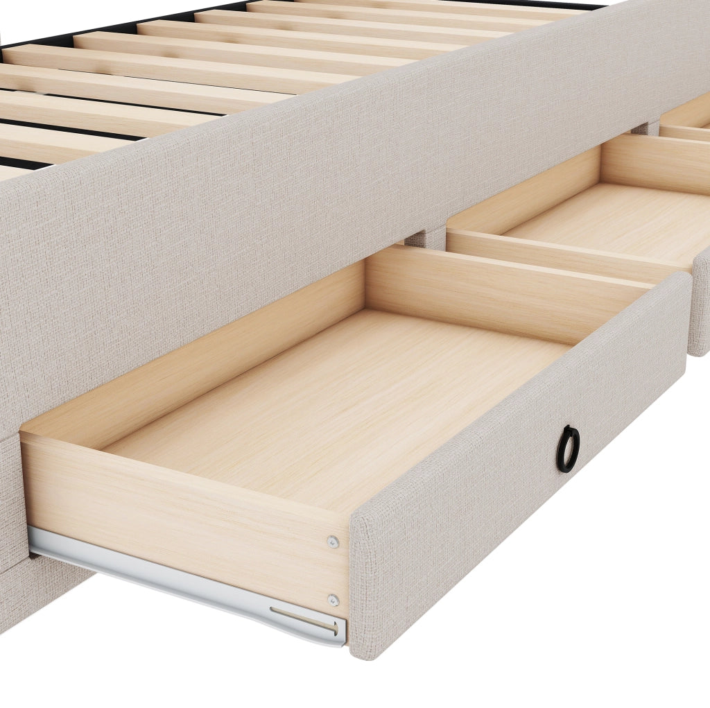 LETTO imbottito estraibile 90x200 cm lino beige con 3 cassetti