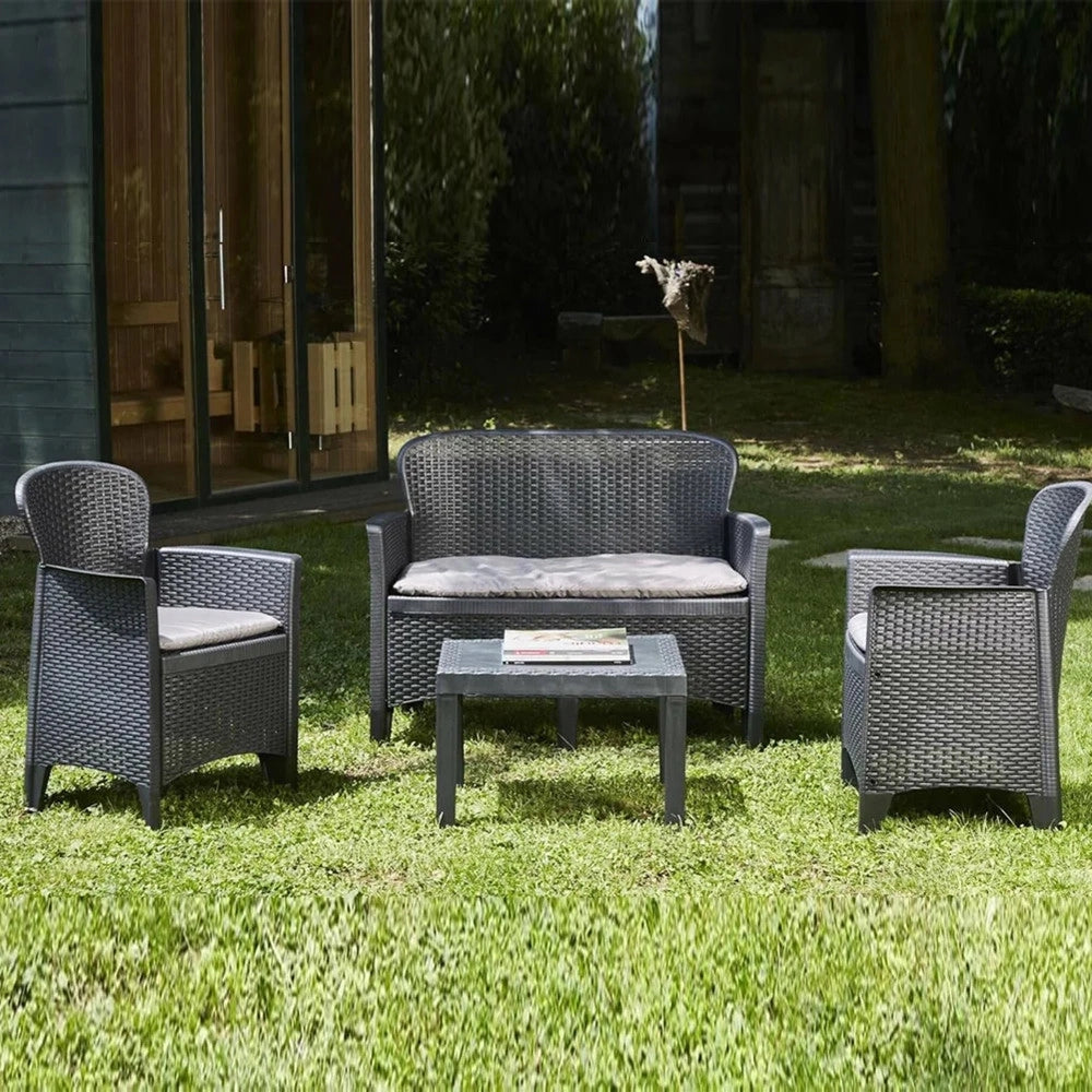 Trade Shop - Set Salotto Giardino Divano 2 Poltrone Tavolino Cuscini Effetto Rattan Antracite 156043 -