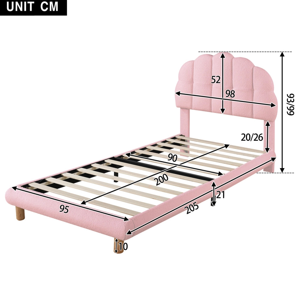 Letto imbottito ULEVR 90x200 cm rosa in boucl¨¦ con testiera regolabile e rete a doghe