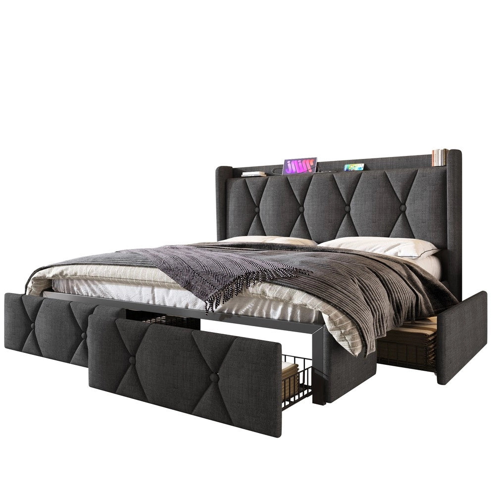 Letto imbottito con 4 cassetti e testa ¨C Minimal ¨C grigio legno 140x200cm
