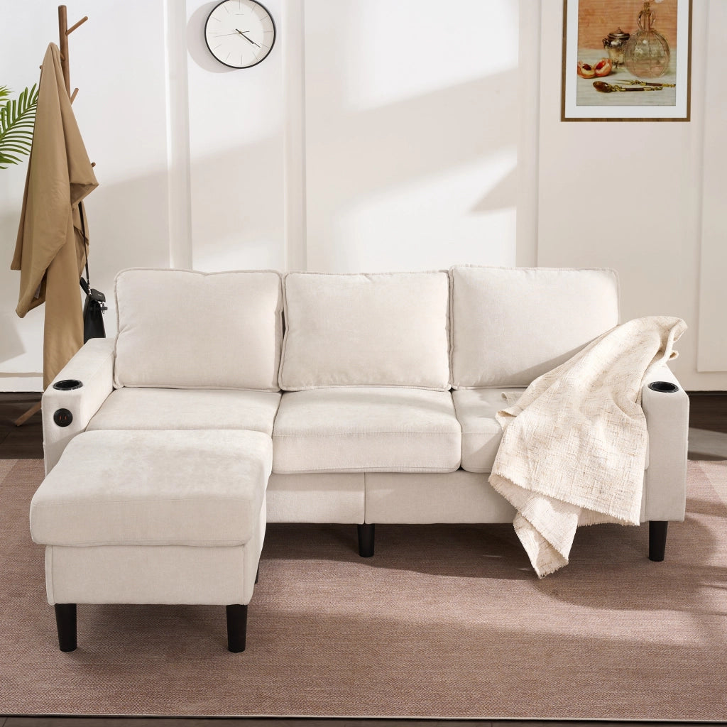 Divano 3 Posti Beige a Forma di L in Lino con Pouf e Porte USB
