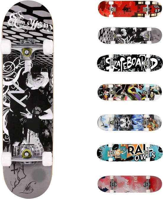 Skateboard con ruote a doppio kick 7 strati PU non scivolo per principianti, nero e bianco