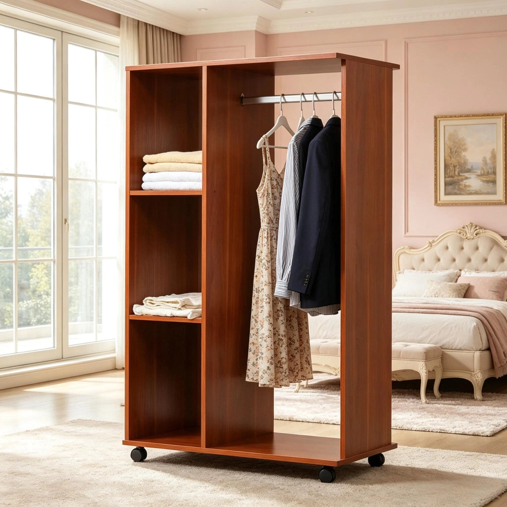 Armadio aperto con asta e 3 ripiani su ruote per camera da letto, in truciolare e alluminio, noce, 80 × 40 × 128 cm