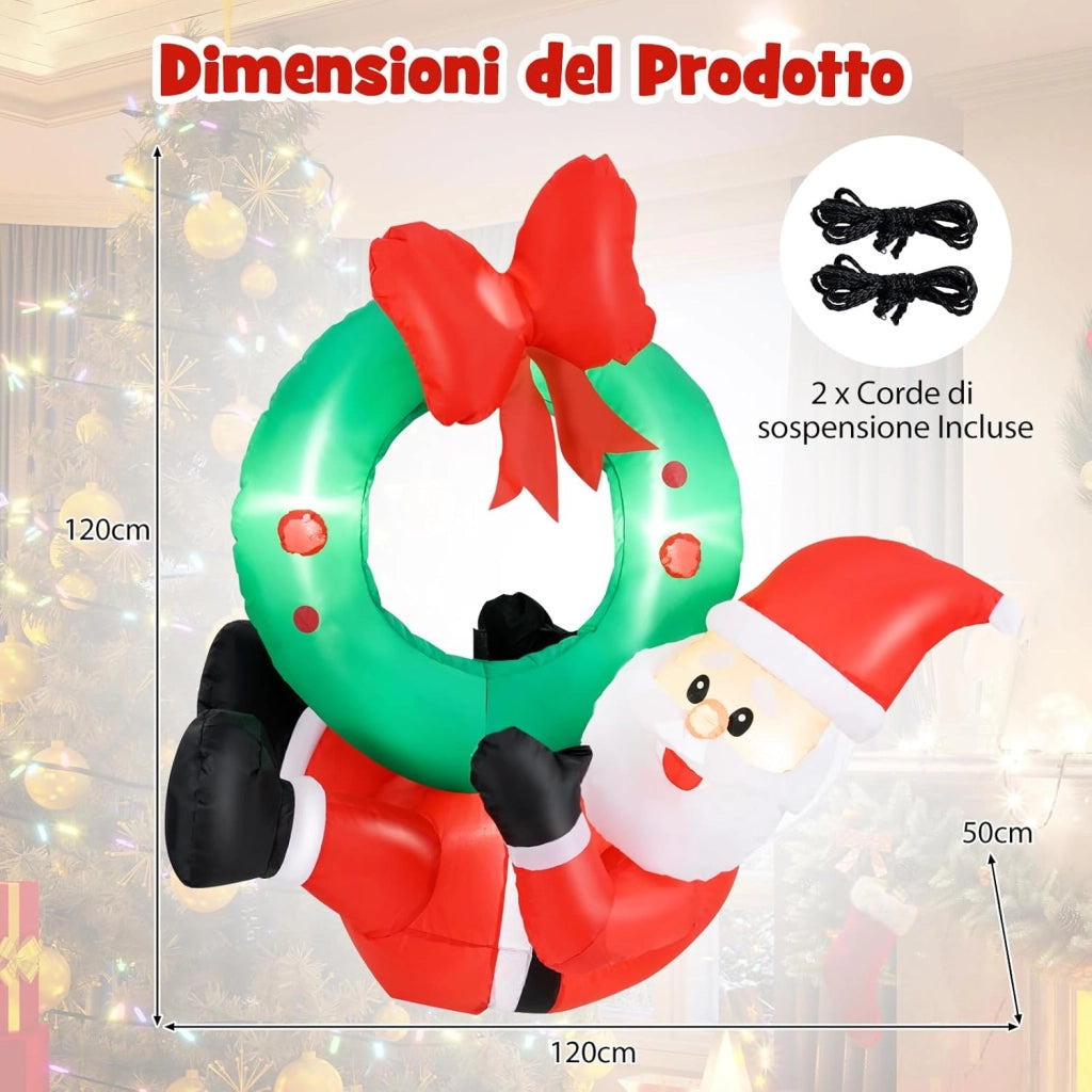 Decorazione Gonfiabile di Natale 120 CM, Babbo Natale Illuminato e Corona con Fiocco Rosso, 5 Luci LED, Soffiatore e 2 Corde, per Prato, Casa, Festa