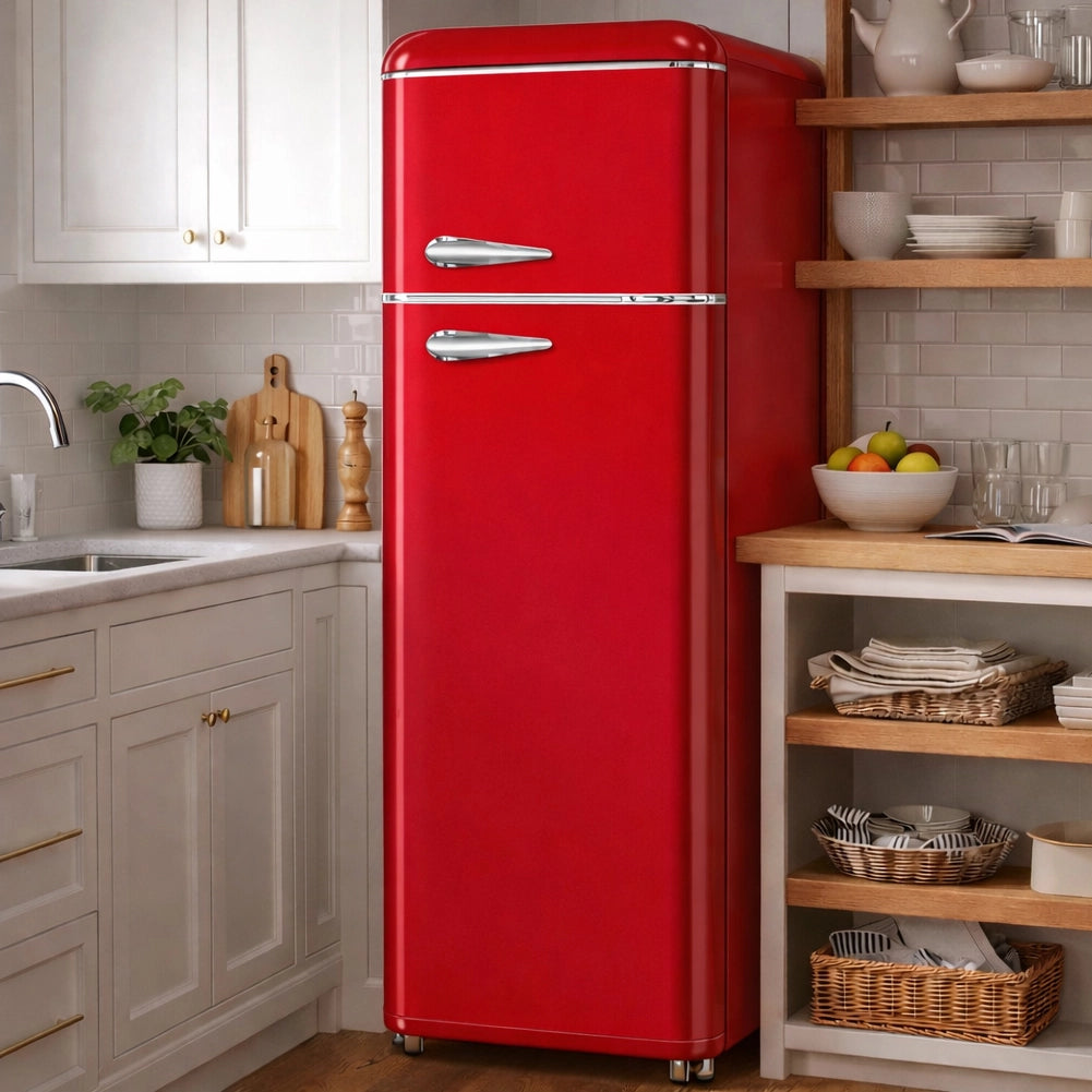 Frigorifero 240L Doppia Porta Design Anni 50 Frigo Rosso Salvaspazio 54.5x147cm