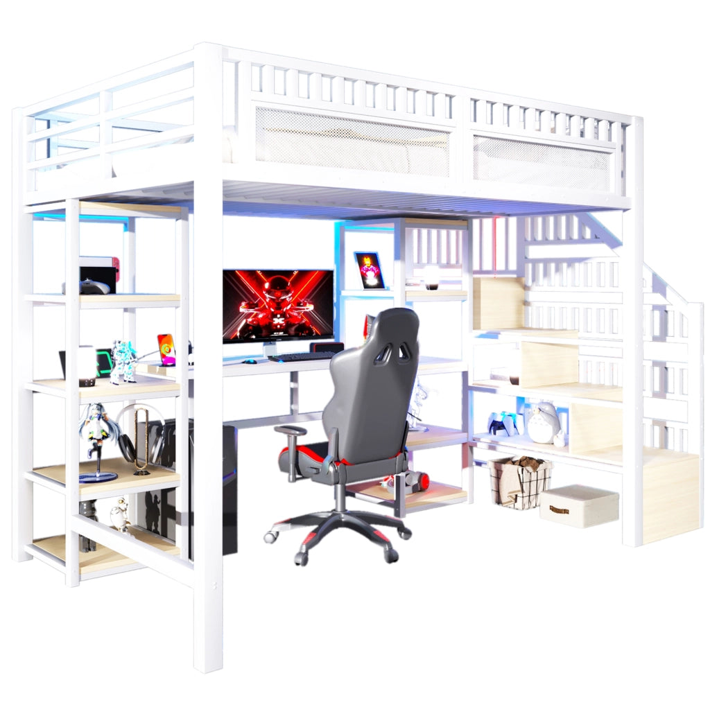 Letto a soppalco 140x200 cm bianco con scrivania, LED e USB