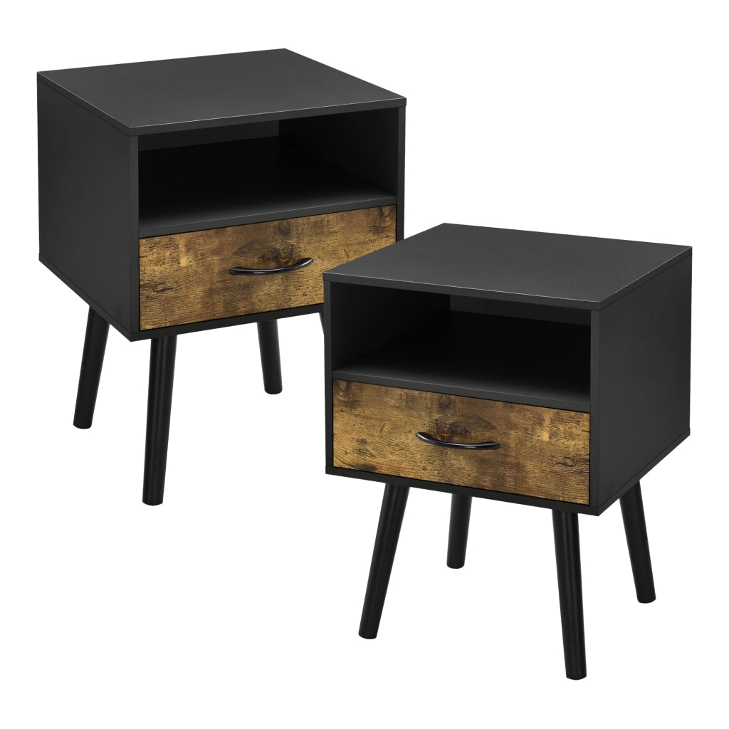 Set Gävle di 2 Comodini con Cassetto e Scomparto - Nero / Effetto Legno Scuro [en.casa]