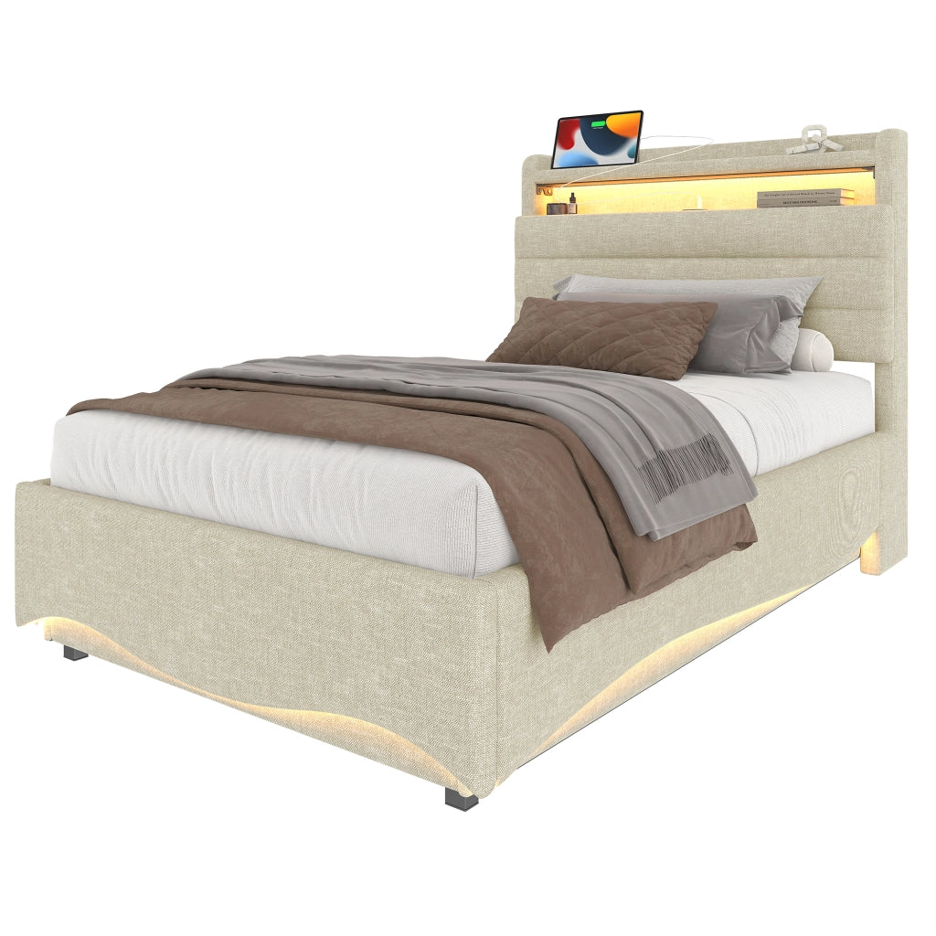 OKWISH Letto Contenitore 90×200 cm, Letto Singolo con LED Regolabile, USB, Tipo C e Mensola, senza Materasso, in Lino, Beige