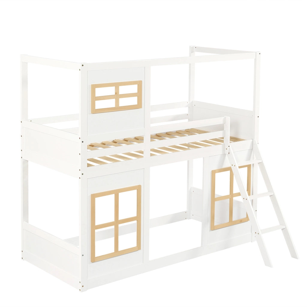 OKWISH Letto a Castello Bambini 90×200 cm, Letto Singolo con Finestre, Scala, Sponde su 4 Lati, senza Materasso, Bianco e Naturale