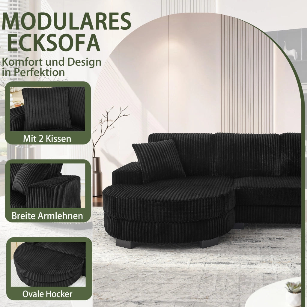 Divano angolare modulare in velluto a coste con pouf ovale reversibile e 2 cuscini nero 256,5 × 133,5 × 89 cm