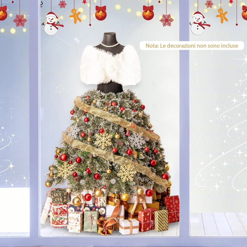 Albero di Natale Artificiale 150 CM con Manichino Pre-Illuminato, Albero di Natale a Forma di Abito con 465 Punte di Rami, 50 Luci a LED, 36 Pigne, Scialle, Collana