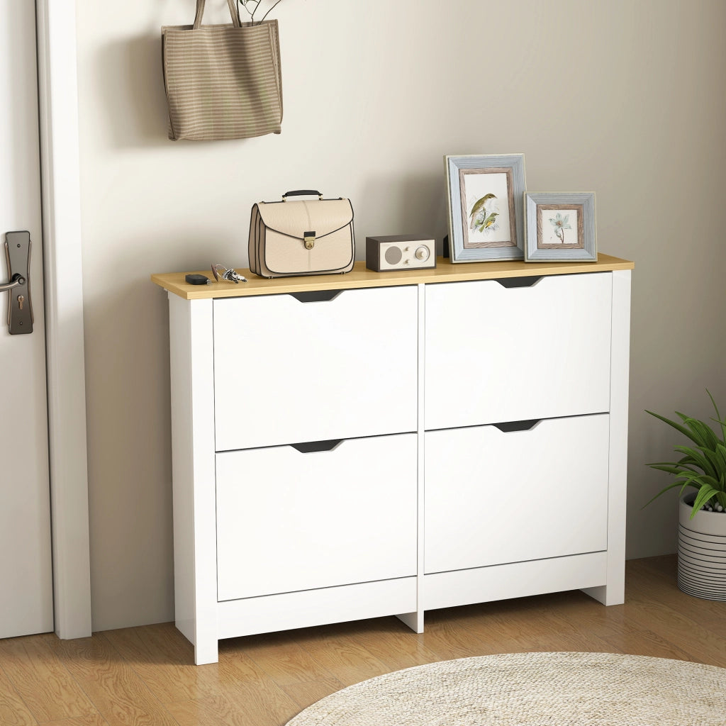 Scarpiera Slim Salvaspazio ¨C Xylo ¨C Bianco e Legno Naturale 105x26x80cm 4 Ante Ribaltabili