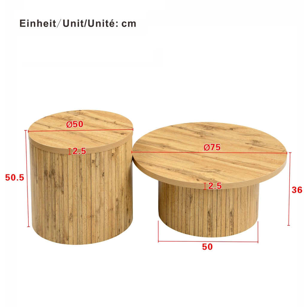 Set tavolini da salotto rotondi in MDF effetto legno naturale; 75x75x36 cm e 50x50x50;5 cm