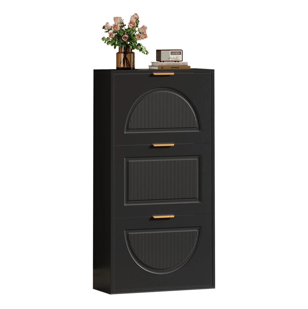 Scarpiera stretta 60x24x114 cm salvaspazio con ribalta; MDF e pannello truciolare nero