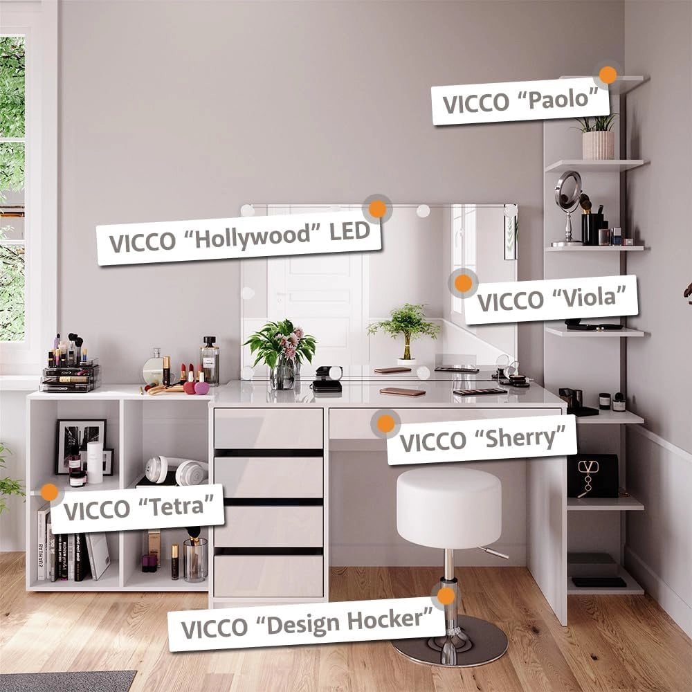 Tavolo da toeletta Sherry, Bianco, 120 cm con illuminazione a LED, con illuminazione LED e grande specchio rettangolare