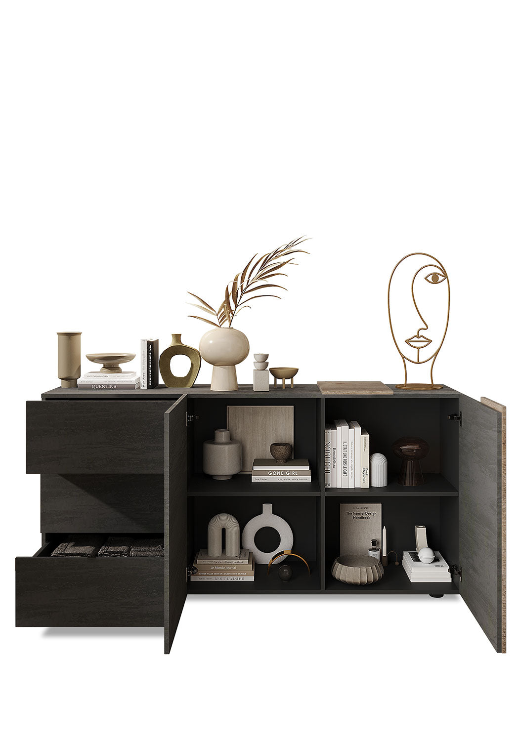 Madia Design Moderno 2 Ante 3 Cassetti Venus 181x44x84 cm Titanio E Rovere Cadiz