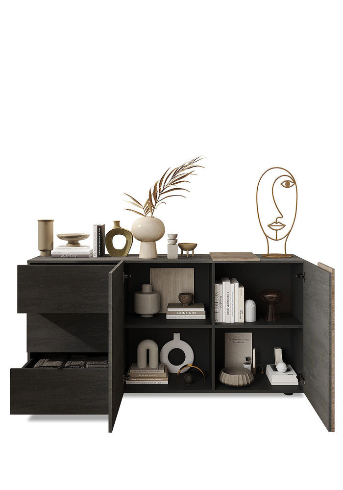 Madia Design Moderno 2 Ante 3 Cassetti Venus 181x44x84 cm Titanio E Rovere Cadiz