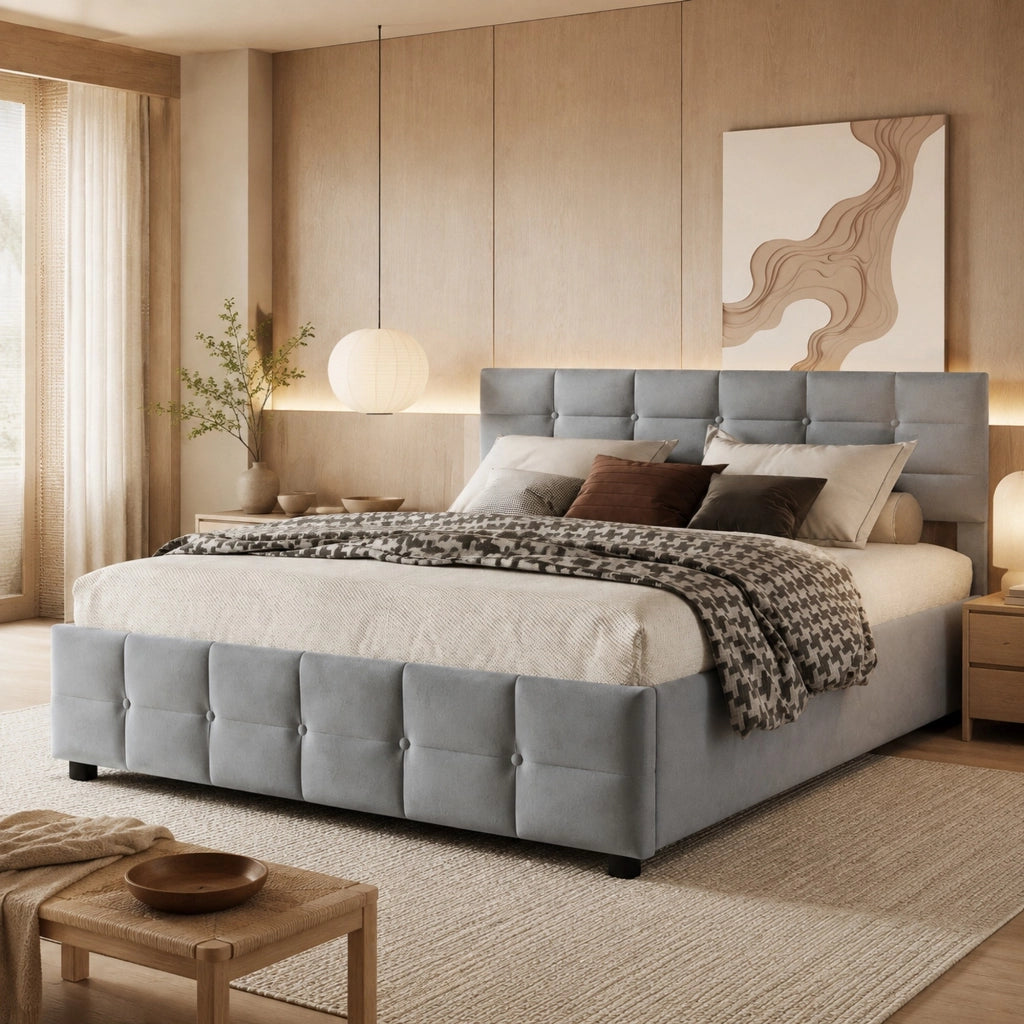 Letto imbottito con rete a doghe e sollevamento idraulico, grigio