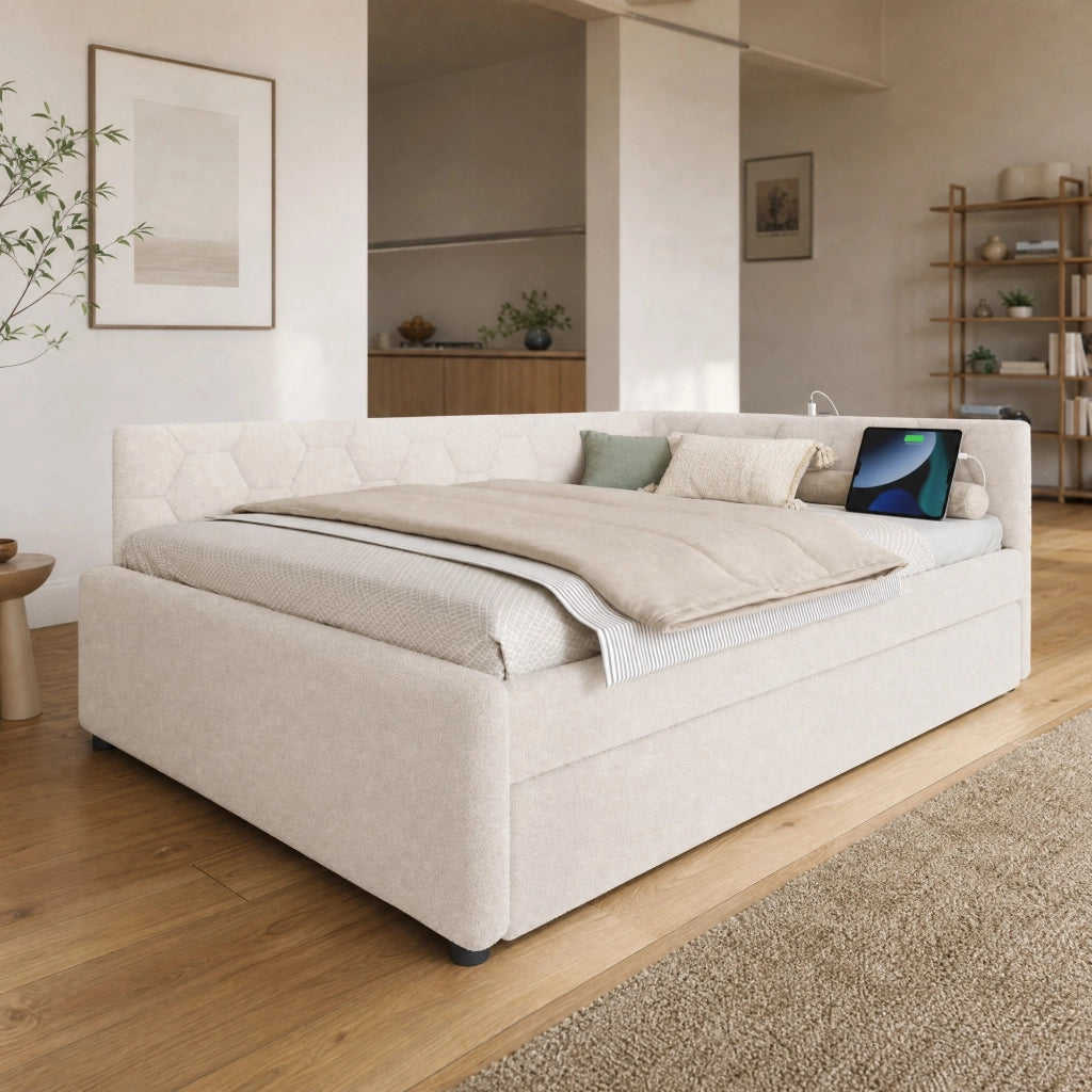 LETTO Daybed 140x200 cm bianco con letto estraibile, USB e Type-C